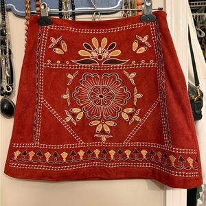 Embroidered Rust Suede A-Line Women's Mini Skirt